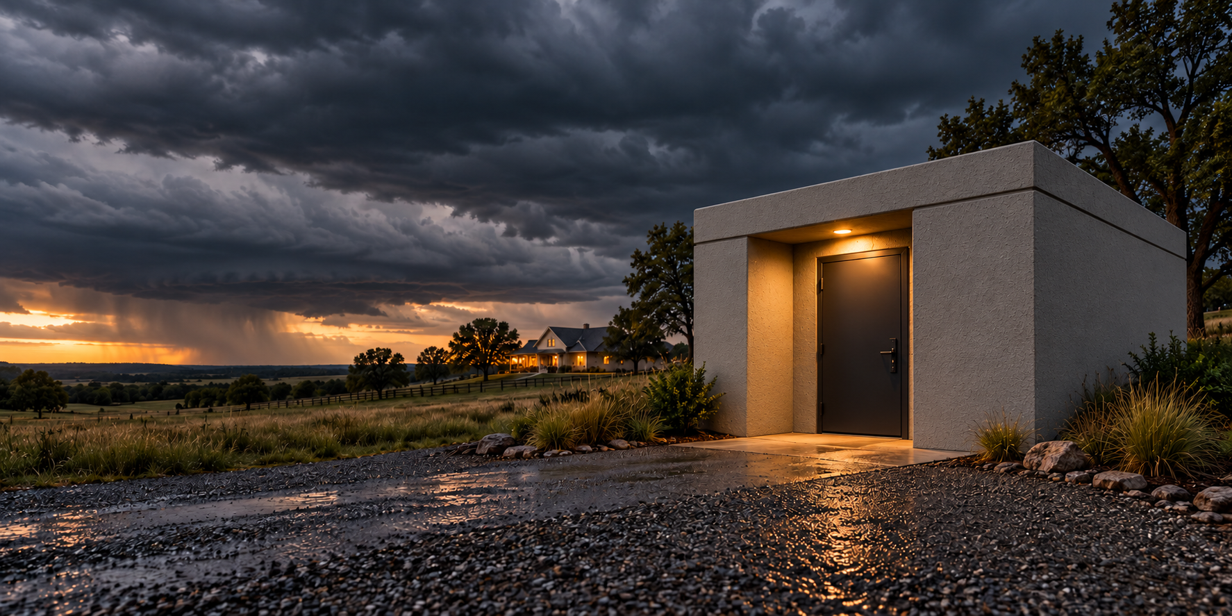 Shelter with a gray textured acrylic coating inspired by Tuff II, beneath storm clouds